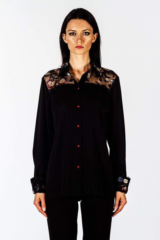 Camicia con carrè ricamato in pailettes